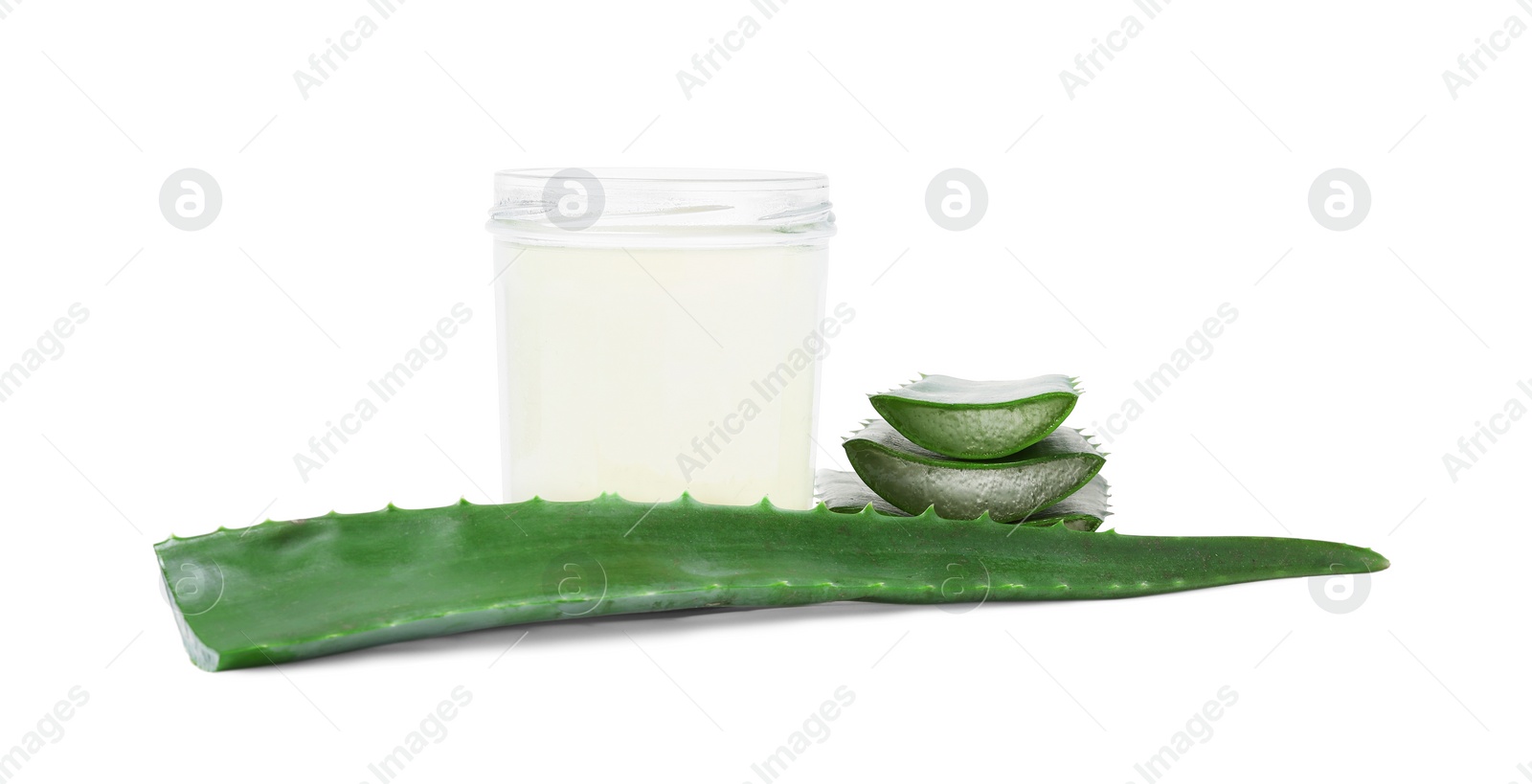 Photo of Fresh aloe juice in jar and leaves isolated on white