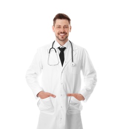 Portrait of smiling male doctor isolated on white. Medical staff