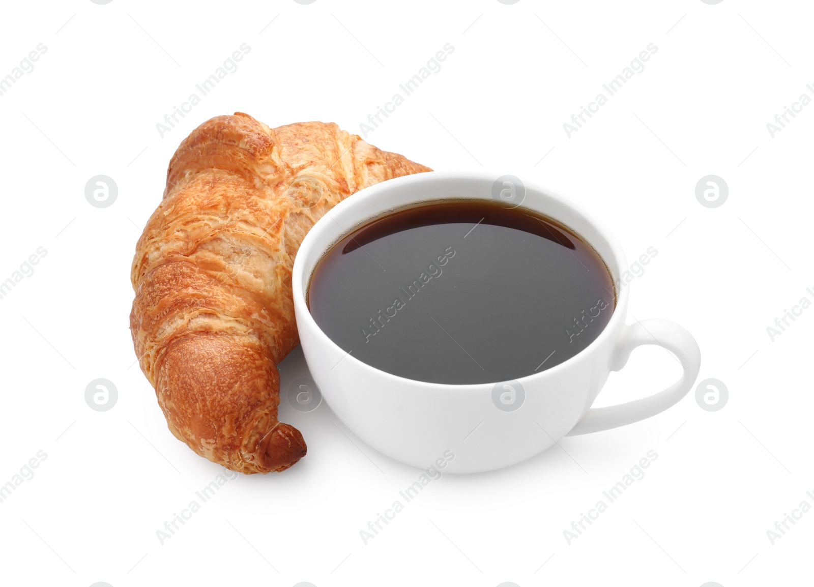 Photo of Fresh croissant and coffee isolated on white. Tasty breakfast