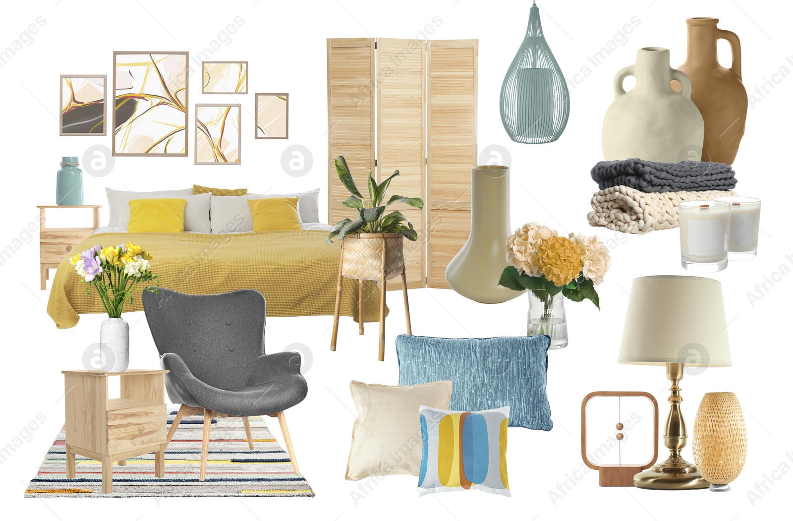 Image of Stylish bedroom interior with different decorative elements and furniture on white background. Mood board collage