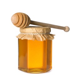 Photo of Tasty natural honey in glass jar and dipper isolated on white