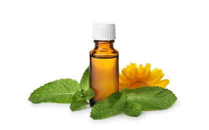 Bottle of essential oil with flower and mint on white background