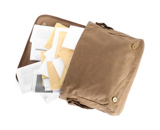 Photo of Brown postman bag with mails and newspapers on white background, top view