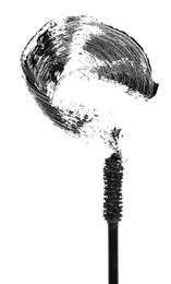 Photo of Applicator brush and brown mascara stroke on white background, top view