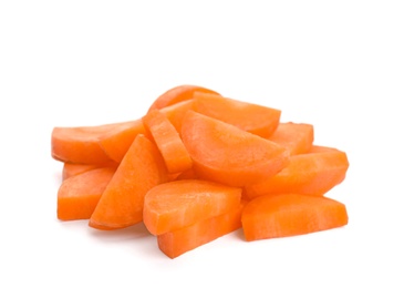 Photo of Slices of fresh ripe carrot on white background