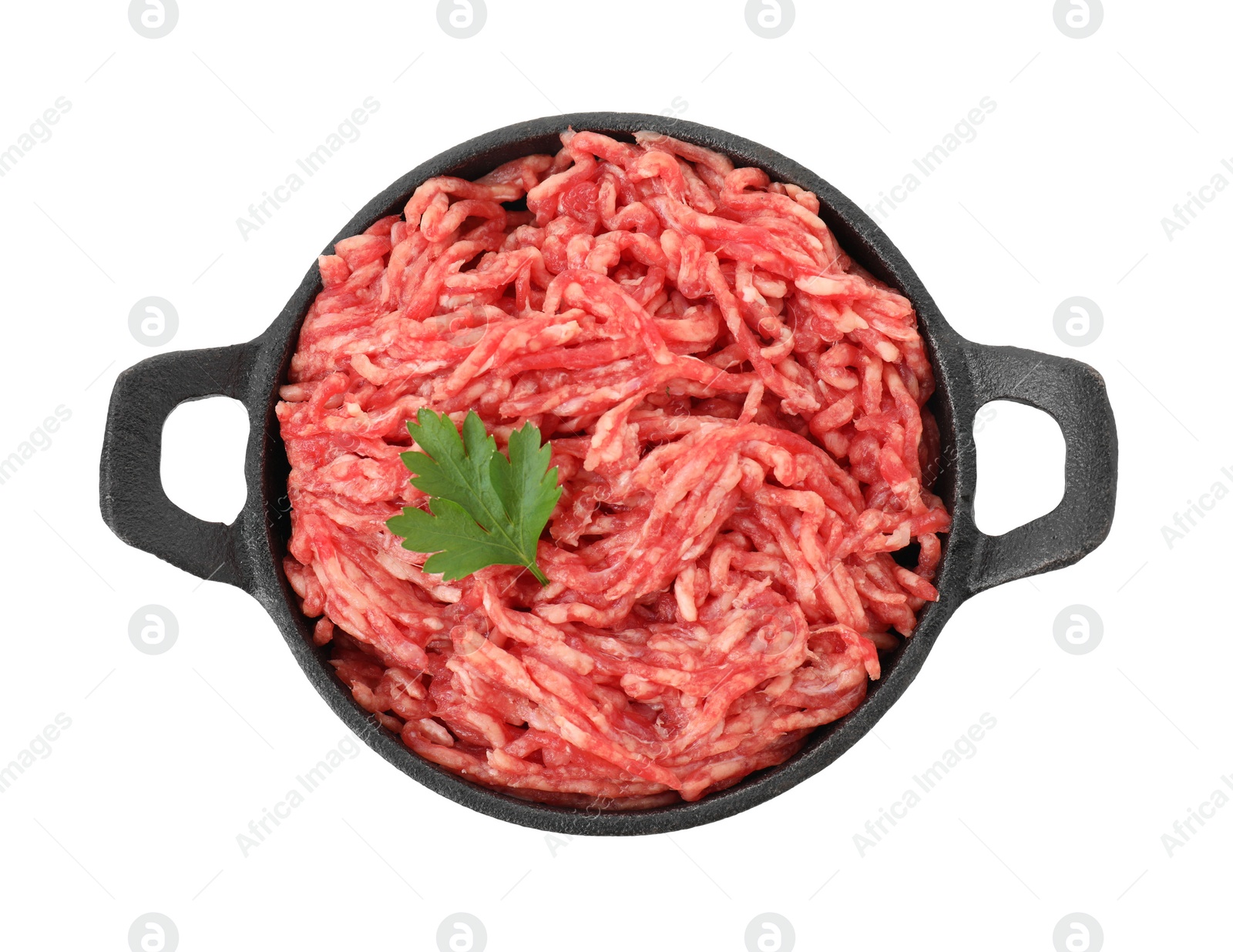 Photo of Raw ground meat and parsley in bowl isolated on white, top view