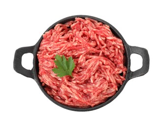 Photo of Raw ground meat and parsley in bowl isolated on white, top view