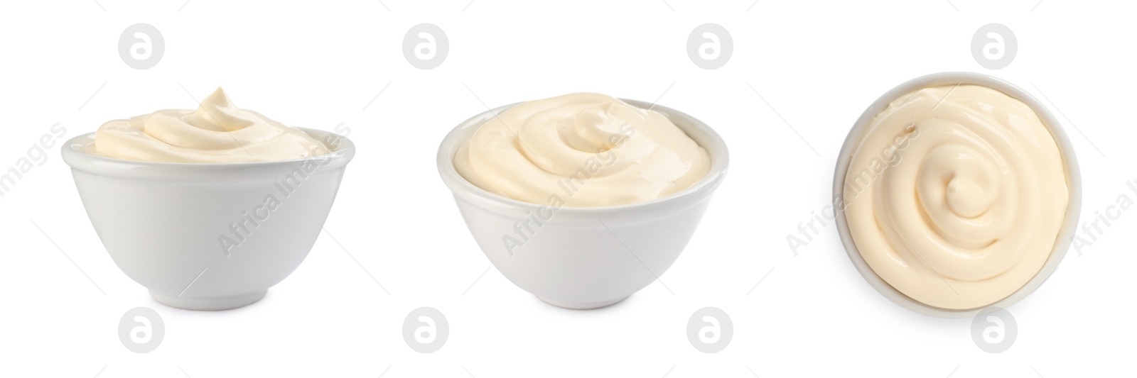 Image of Set with tasty mayonnaise on white background. Banner design