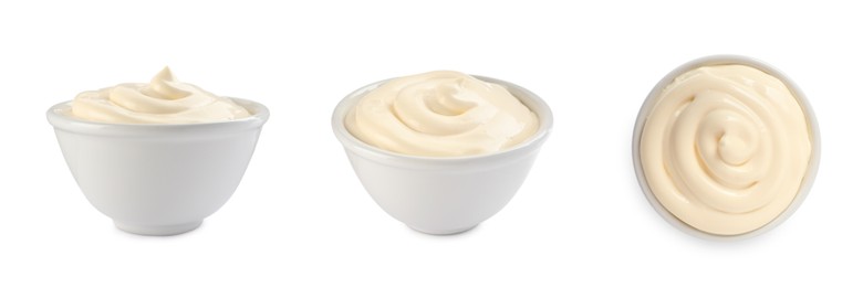 Image of Set with tasty mayonnaise on white background. Banner design