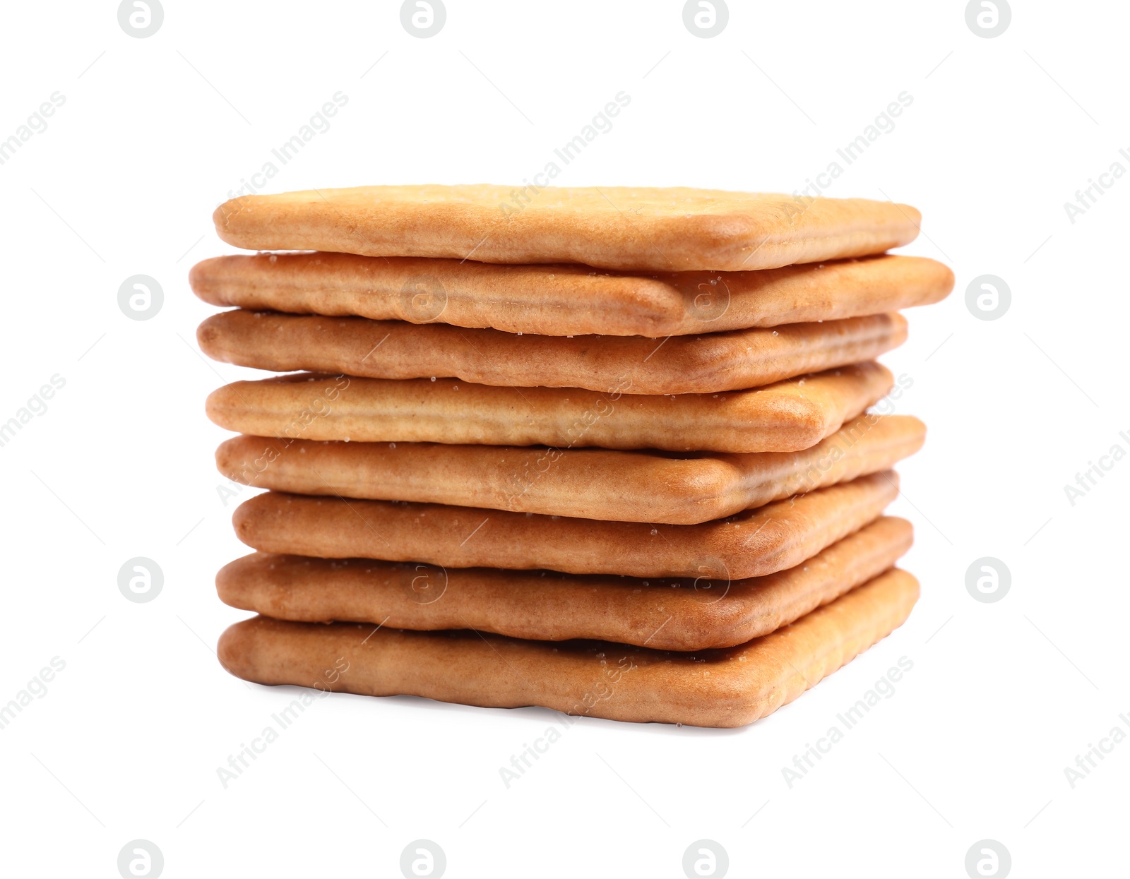 Photo of Tasty crispy square crackers isolated on white