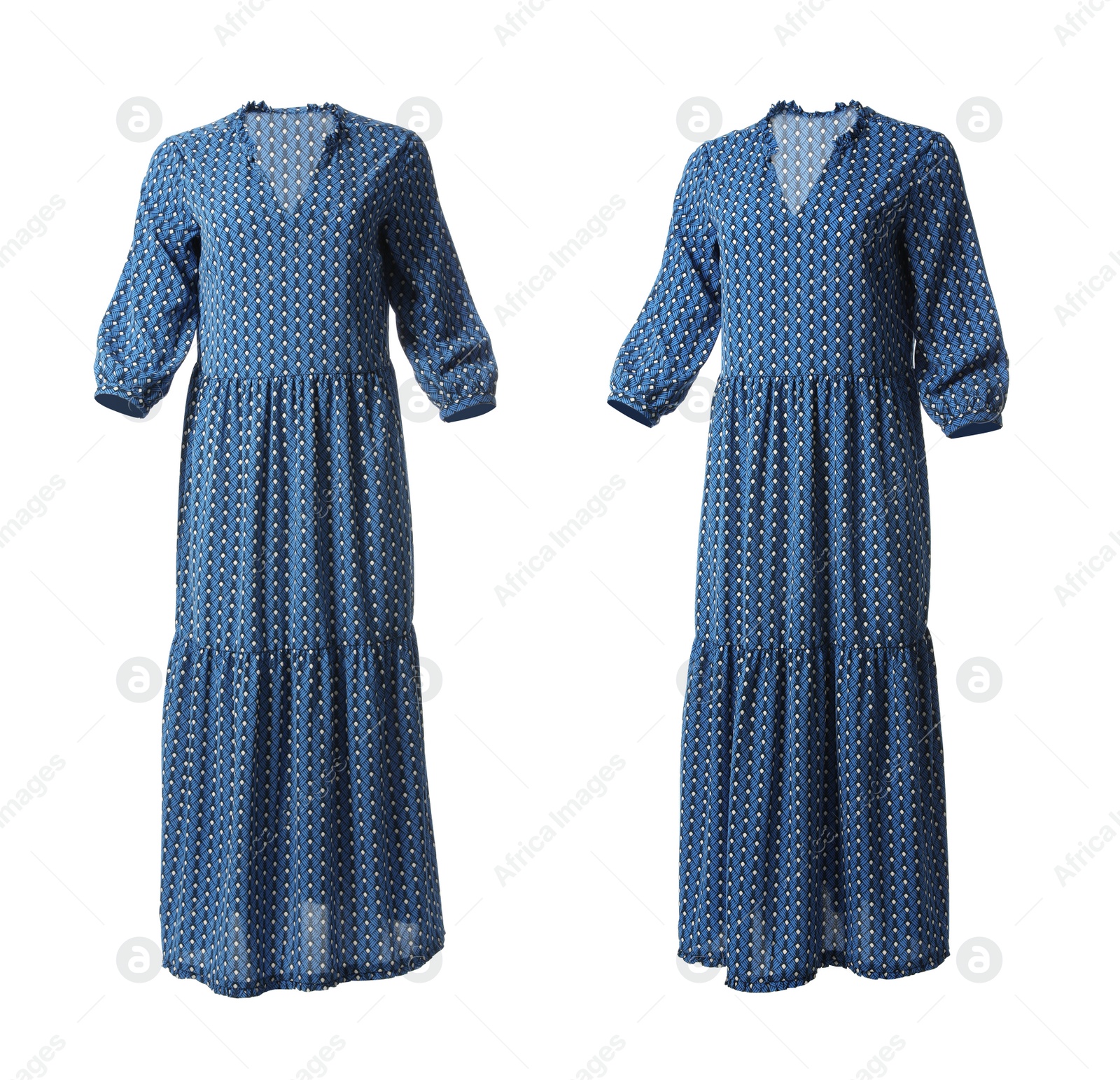 Image of Beautiful long blue dresses from different views on white background