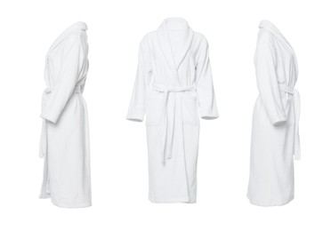 Image of Collage with clean terry bathrobe on white background, different views