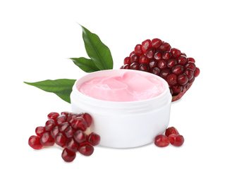 Photo of Fresh pomegranate and jar of facial mask on white background. Natural organic cosmetics