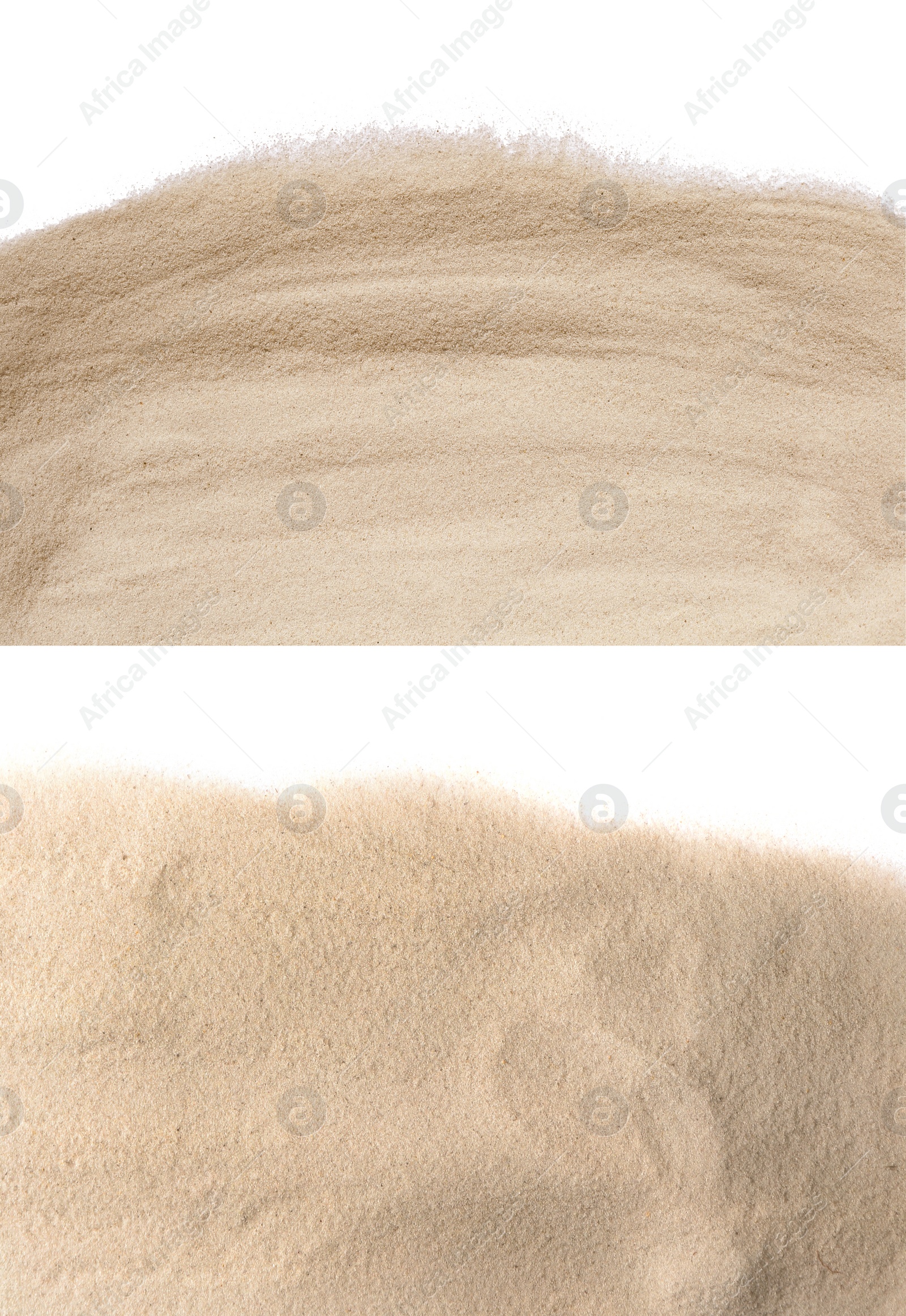 Image of Heaps of dry beach sand on white background, top view