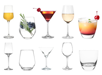 Image of Collage with full and empty glasses on white background