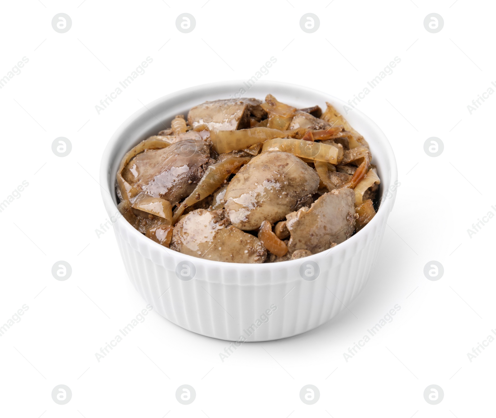 Photo of Delicious fried chicken liver with onion in bowl isolated on white