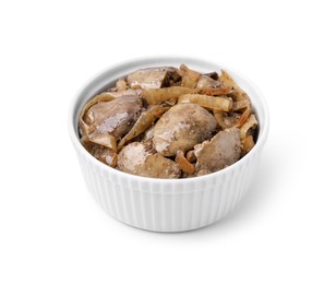 Delicious fried chicken liver with onion in bowl isolated on white