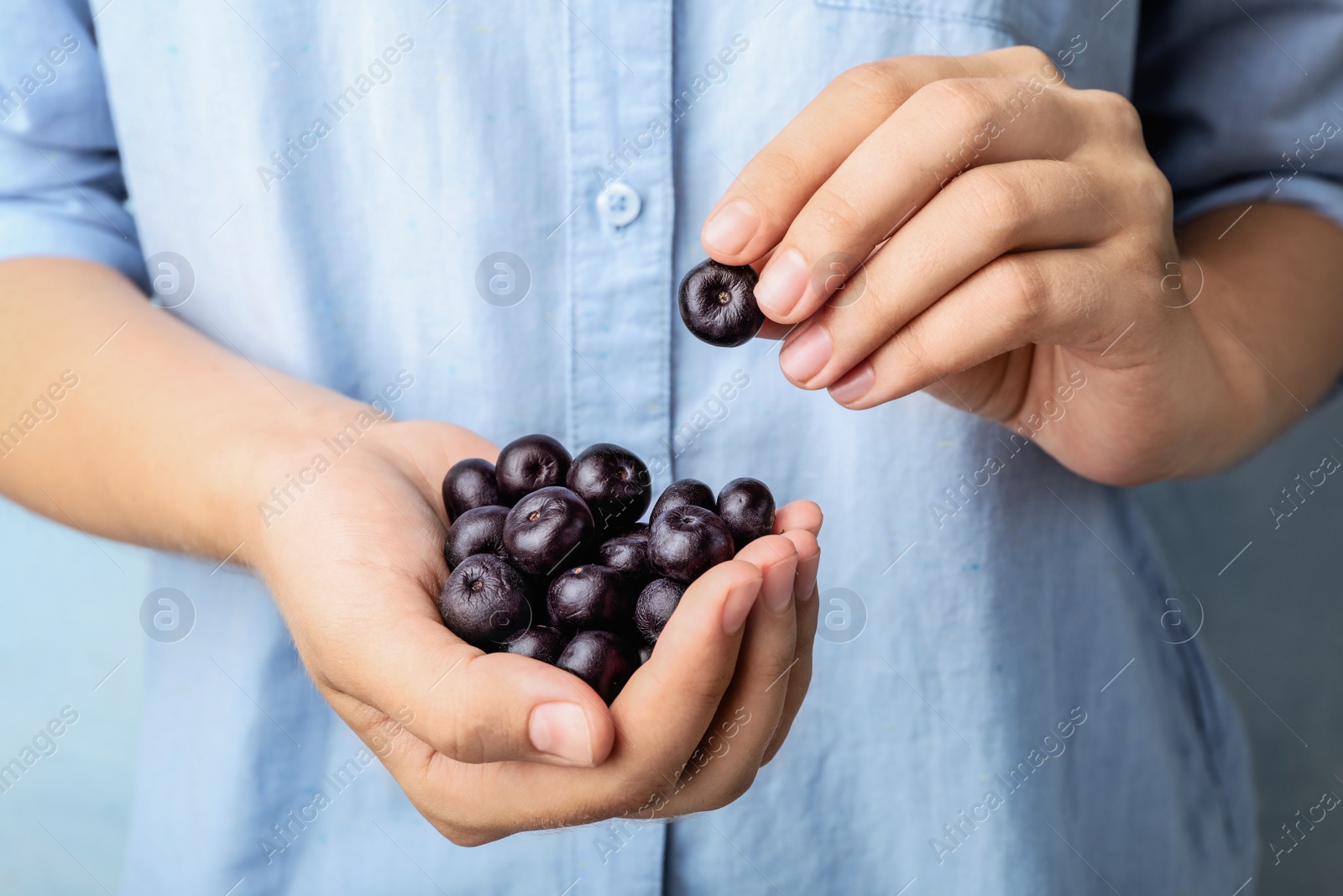 Photo of Female holding fresh acai berries, closeup view