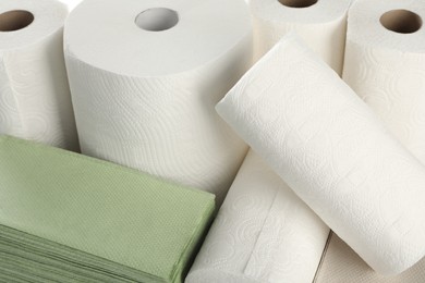 Photo of Many different paper towels as background, closeup view