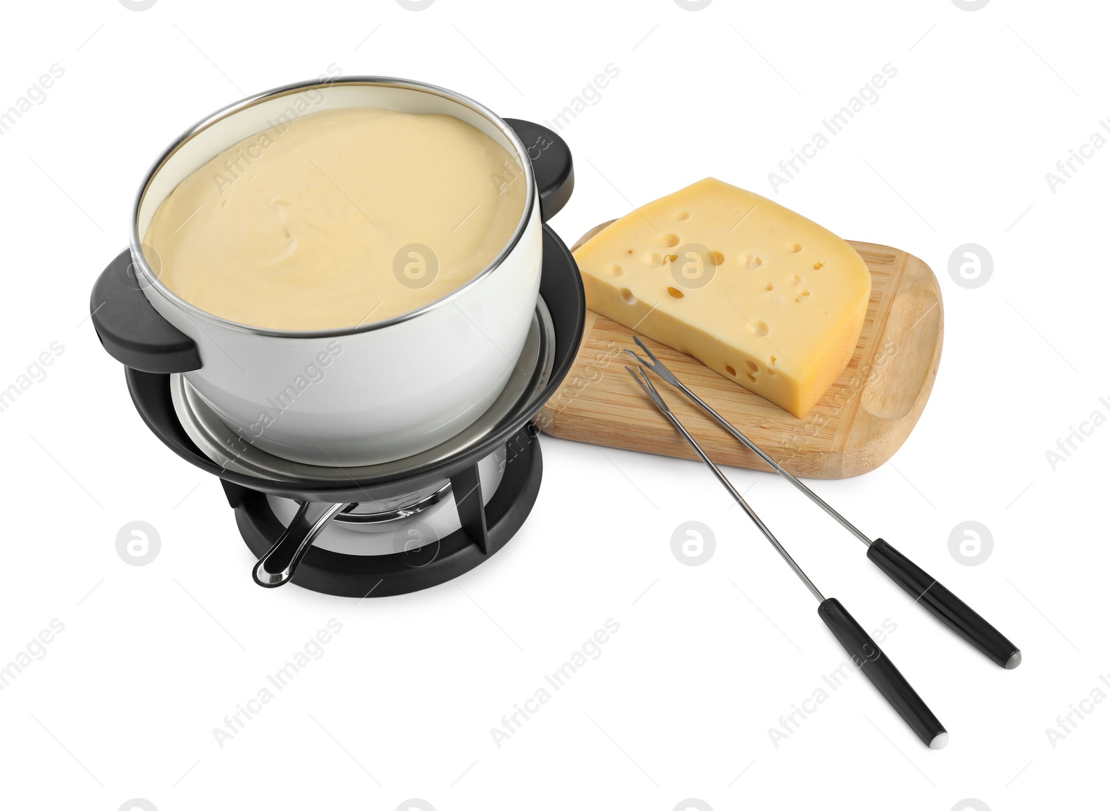 Photo of Fondue with tasty melted cheese, forks and piece isolated on white