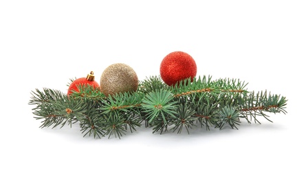 Photo of Branches of Christmas tree with decorations on white background