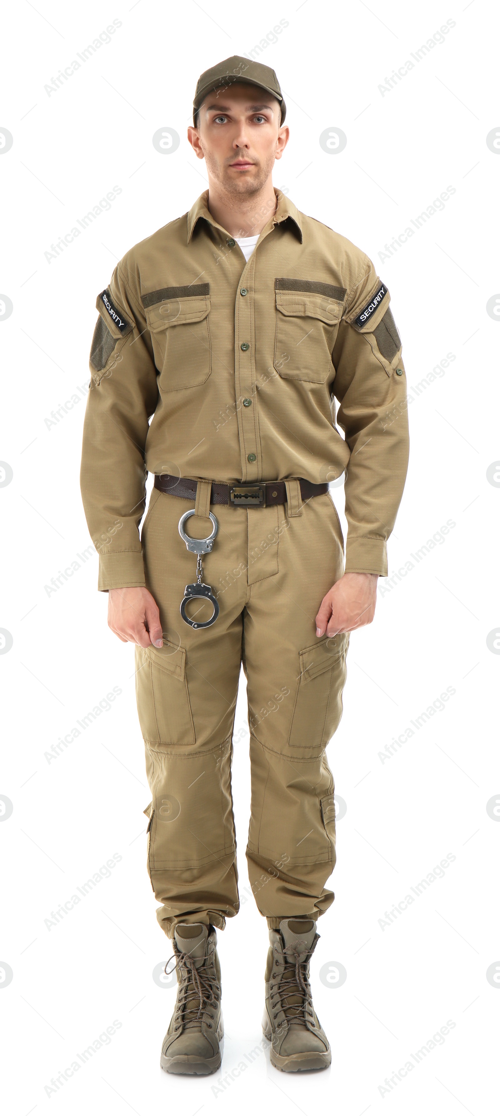 Photo of Male security guard in uniform on white background