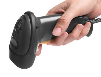 Woman holding barcode scanner on white background, closeup