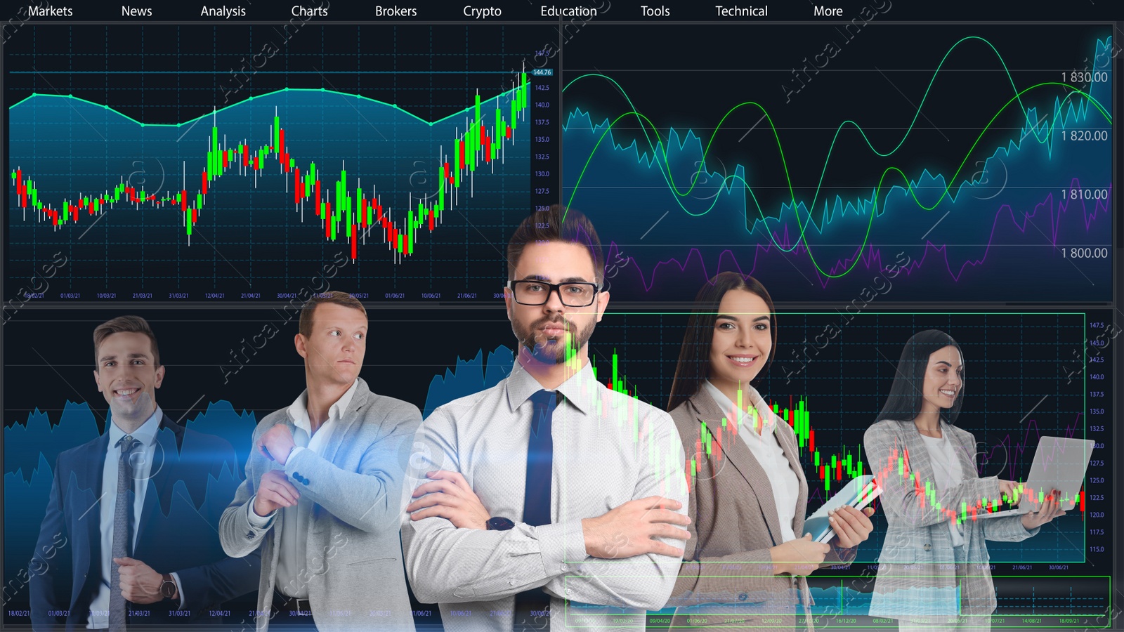 Image of Double exposure of businesspeople and online web terminal with information. Stock exchange 