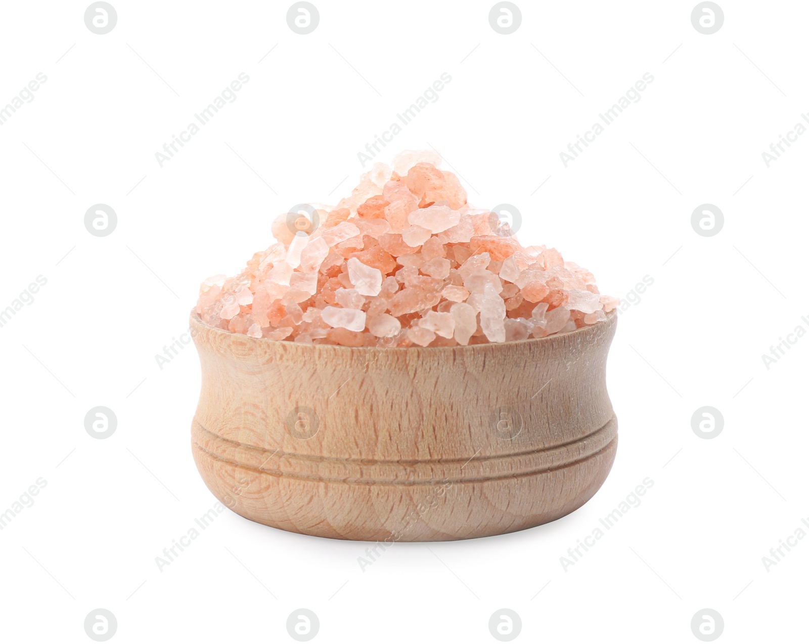 Photo of Pink himalayan salt in wooden bowl isolated on white