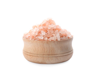 Pink himalayan salt in wooden bowl isolated on white