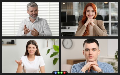 Laptop (computer) screen showing people during video call. Colleagues having video chat