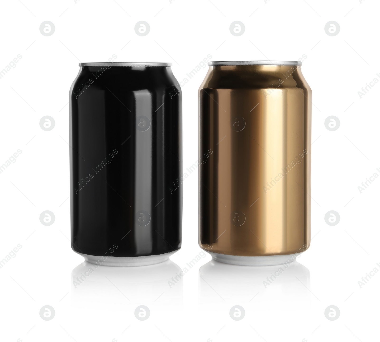 Photo of Aluminum cans with drinks on white background