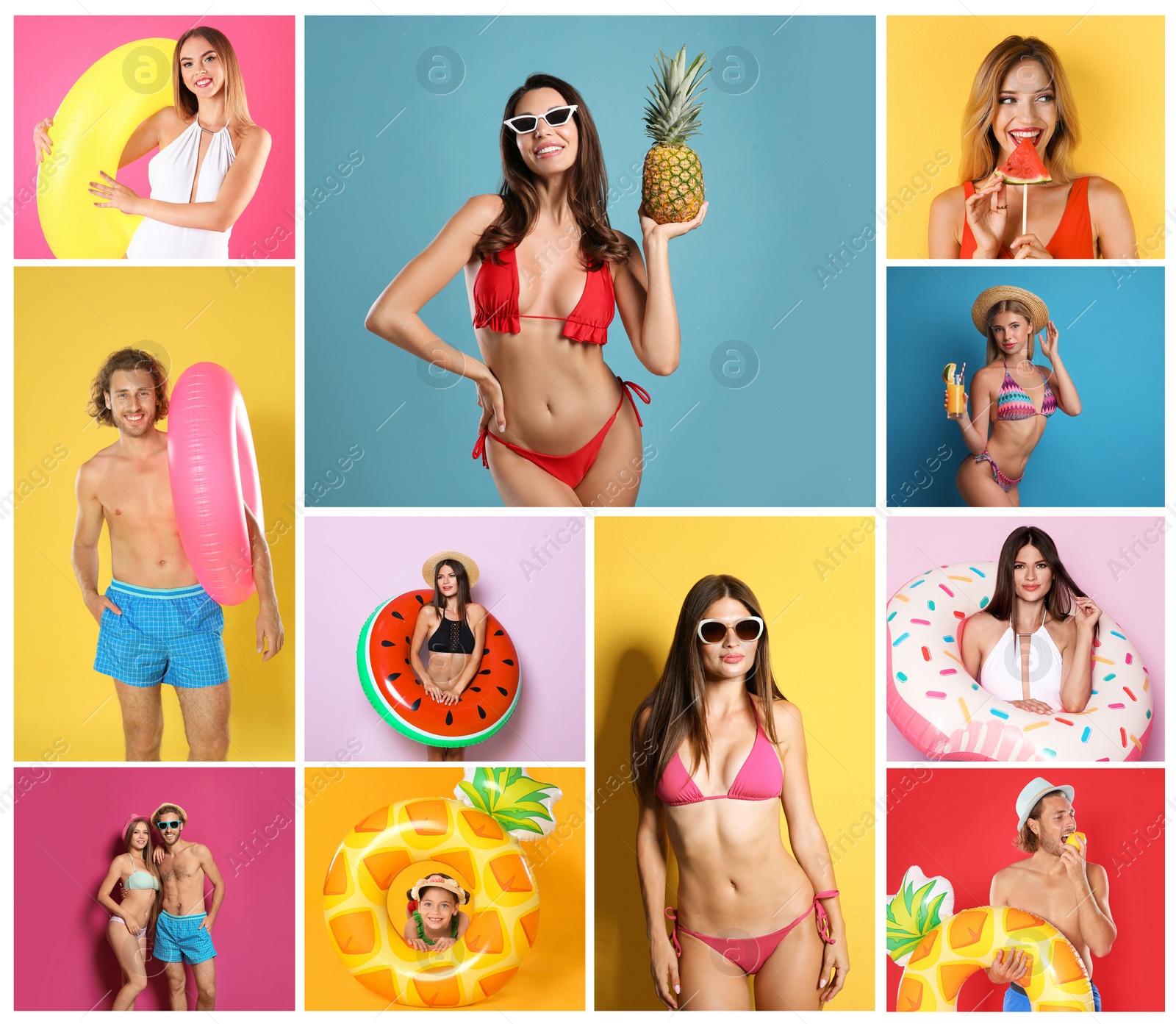 Image of Collage with beautiful photos themed to summer party and vacation. Happy people wearing swimsuits on different color backgrounds