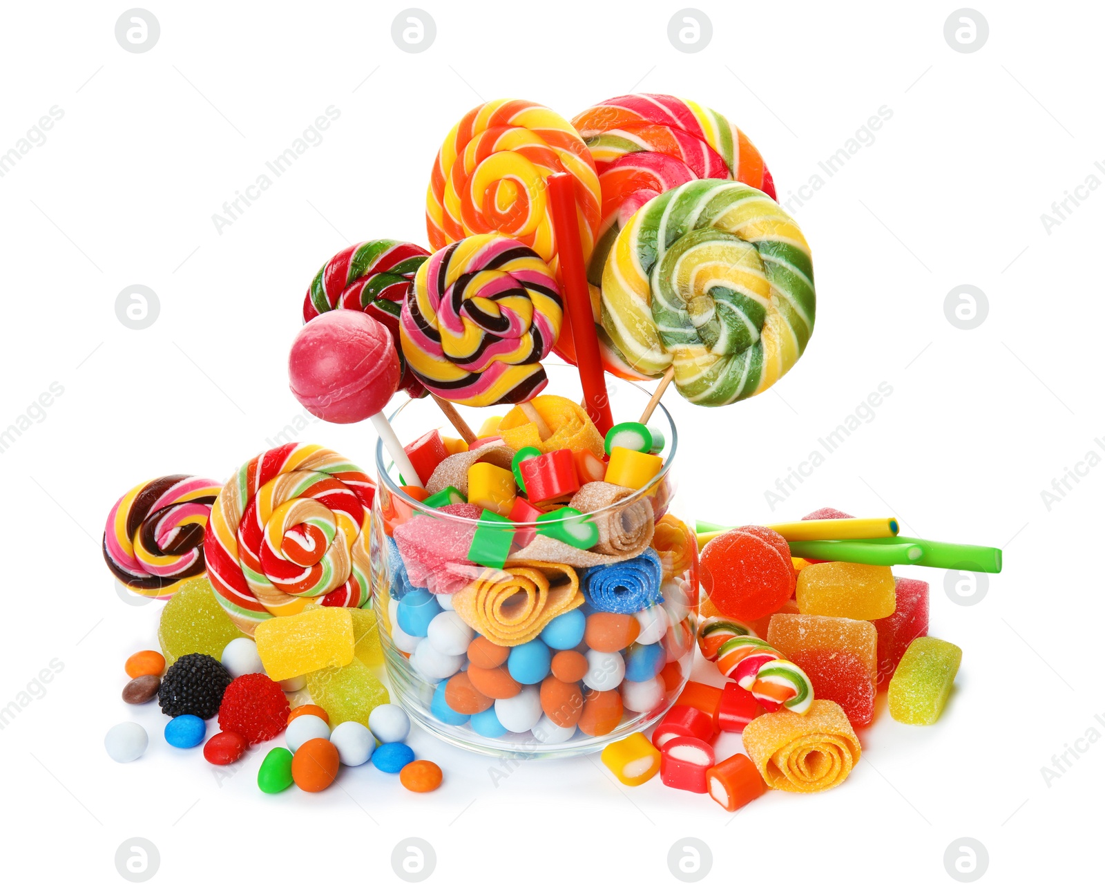 Photo of Composition with many different yummy candies on white background