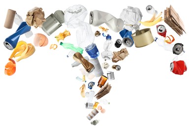 Image of Lots of different garbage flying on white background