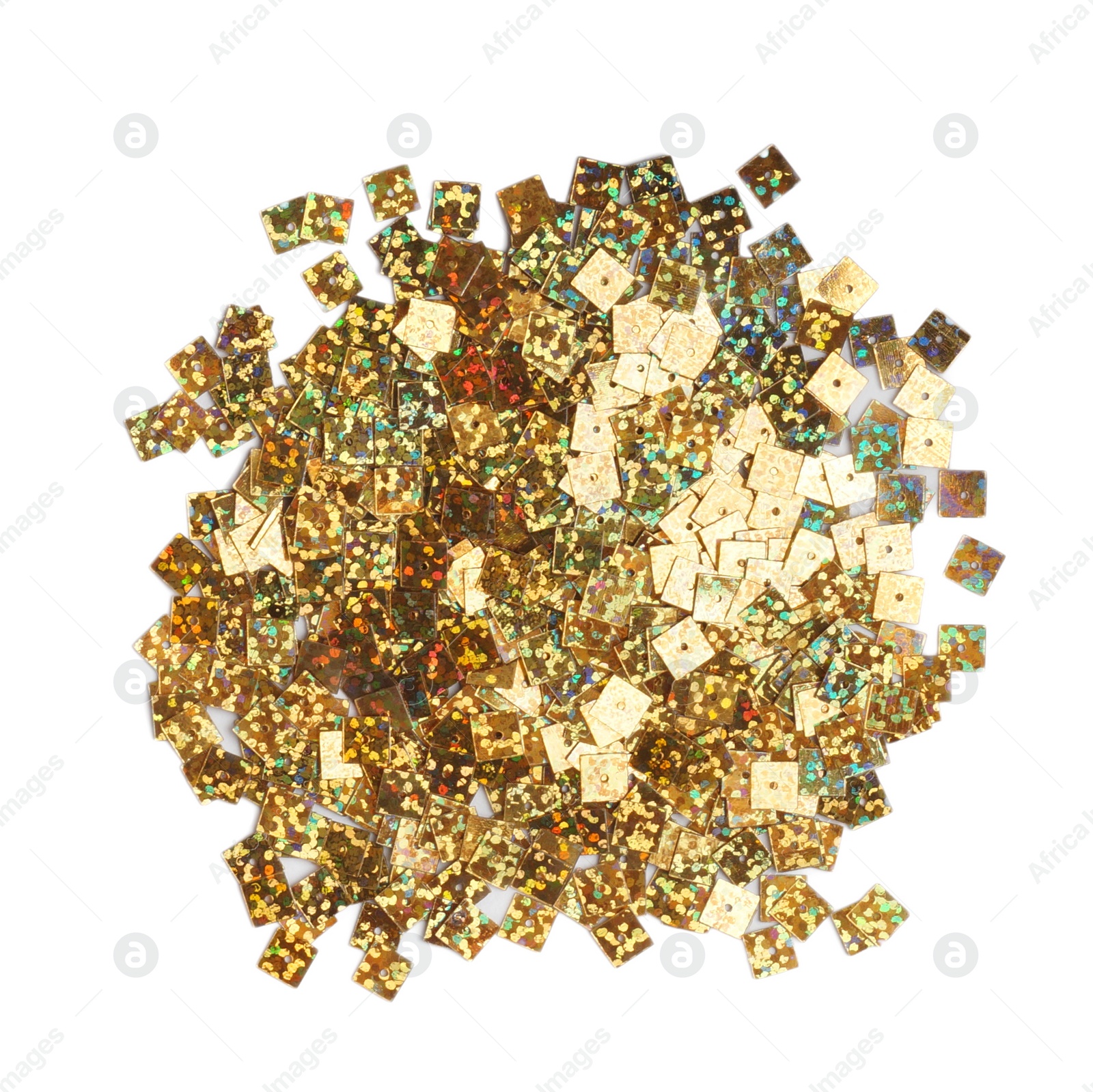 Photo of Pile of golden sequins isolated on white, top view