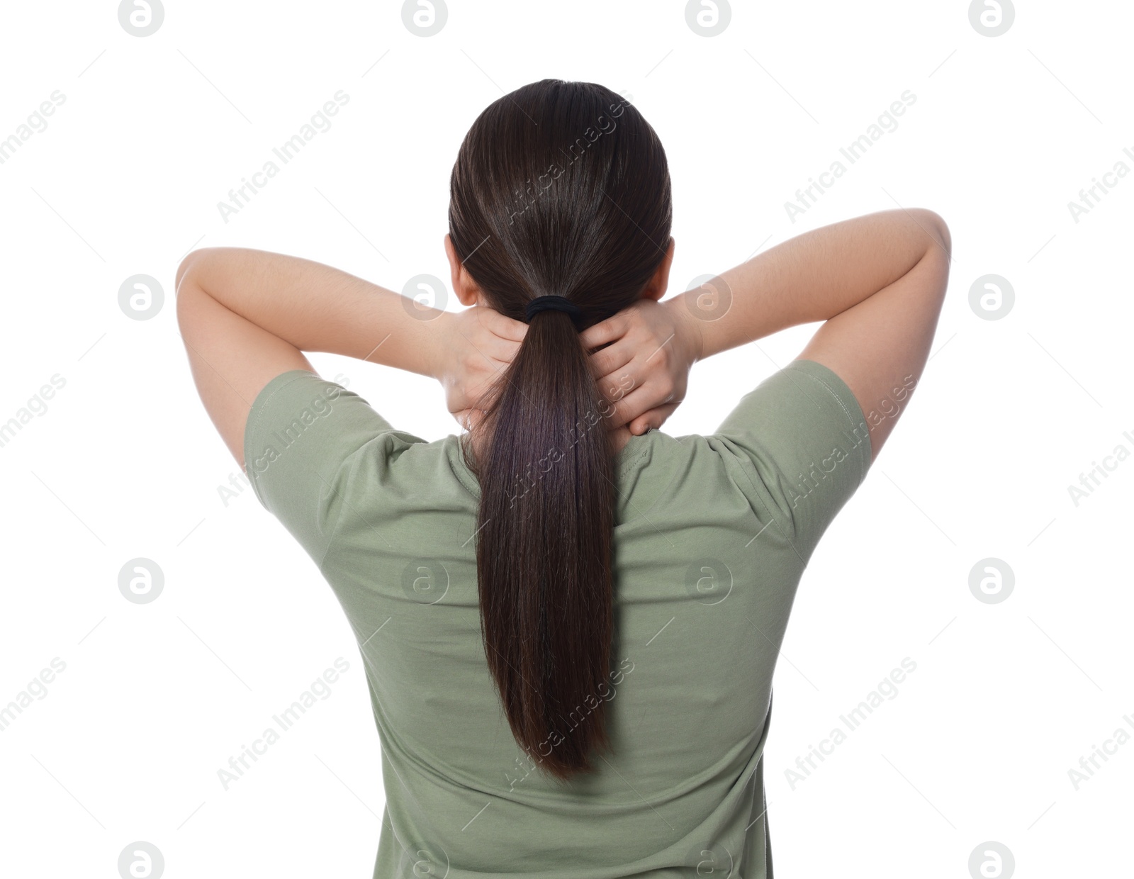 Photo of Woman suffering from pain in neck on white background, back view. Arthritis symptom