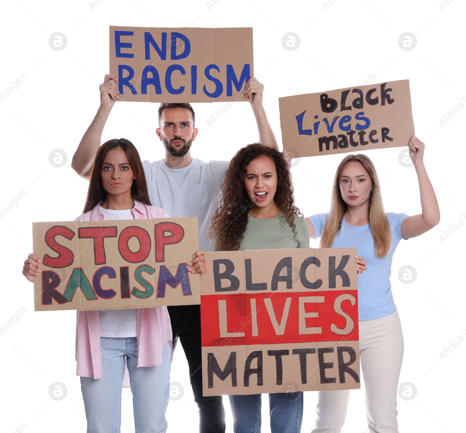 Photo of Protesters demonstrating different anti racism slogans on white background. People holding signs with phrases