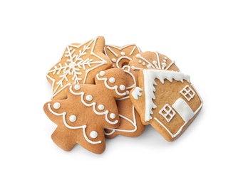 Tasty homemade Christmas cookies on white background