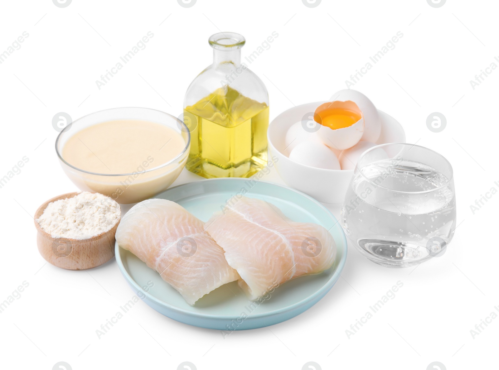 Photo of Cooking fish in soda water batter. Different ingredients isolated on white
