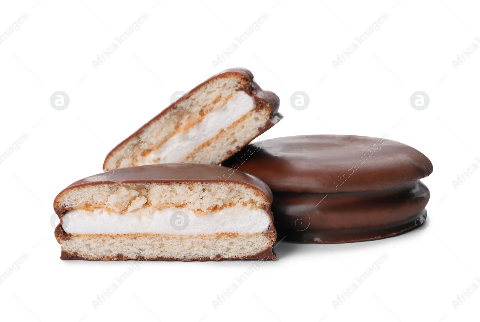 Photo of Delicious choco pies on white background. Classic snack cakes