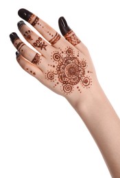 Photo of Woman with henna tattoo on hand against white background, closeup. Traditional mehndi ornament