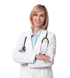 Smiling doctor with crossed arms on white background