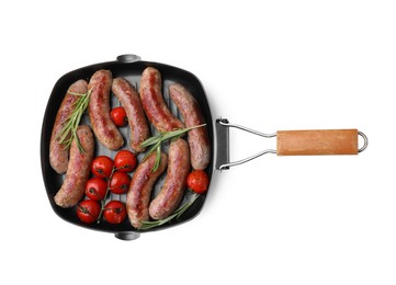 Photo of Grill pan with tasty homemade sausages, rosemary and tomatoes on white background, top view