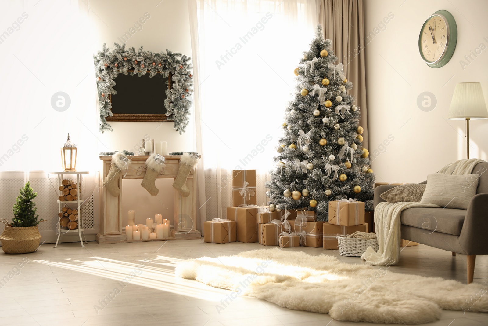 Photo of Stylish Christmas interior with beautiful decorated tree and fireplace