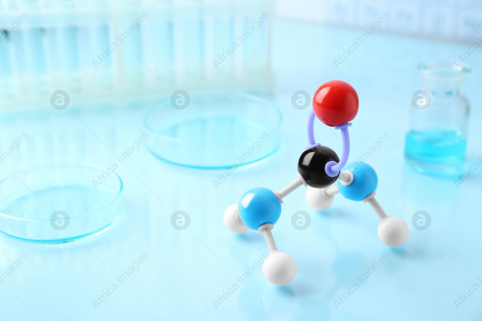 Photo of Molecular model and laboratory glassware on light surface