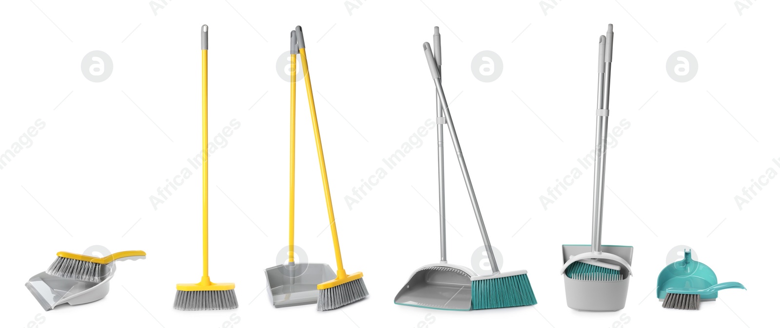 Image of Set with plastic brooms and dustpans on white background. Banner design