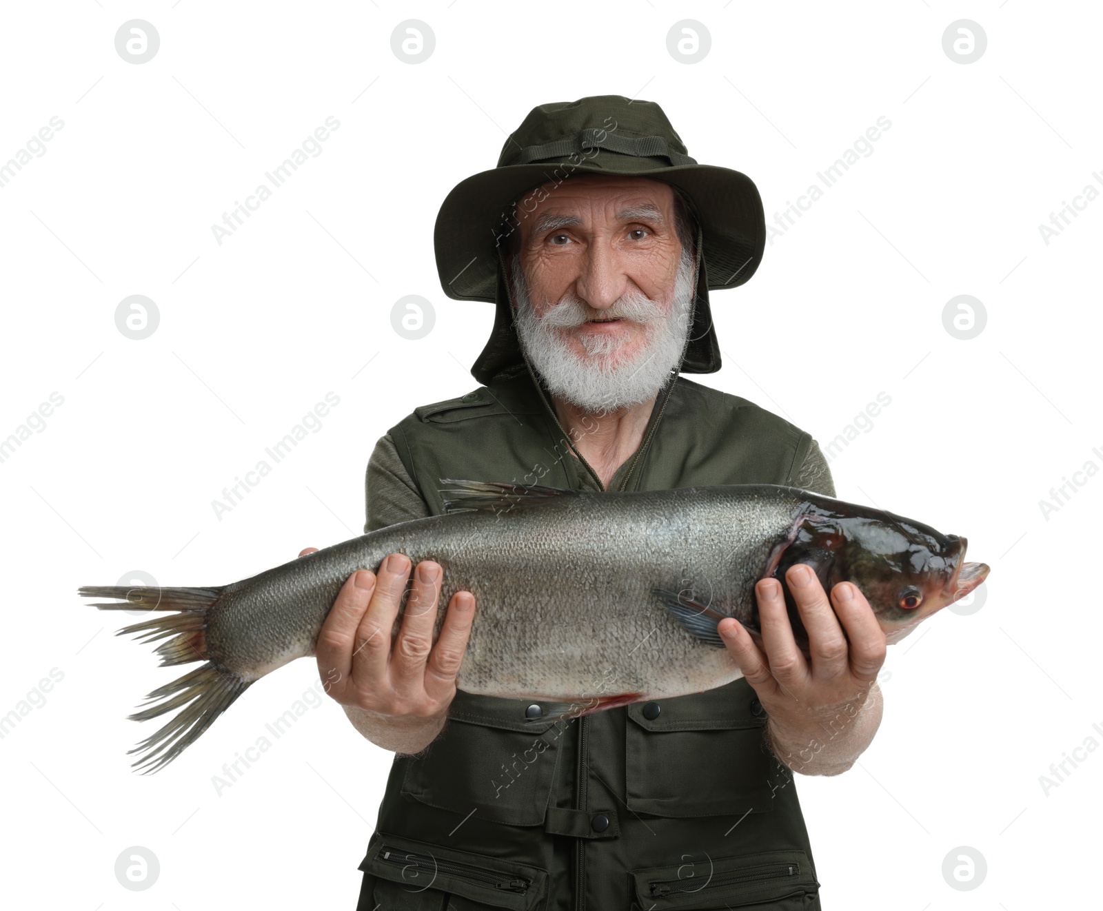 Photo of Fisherman with caught fish isolated on white