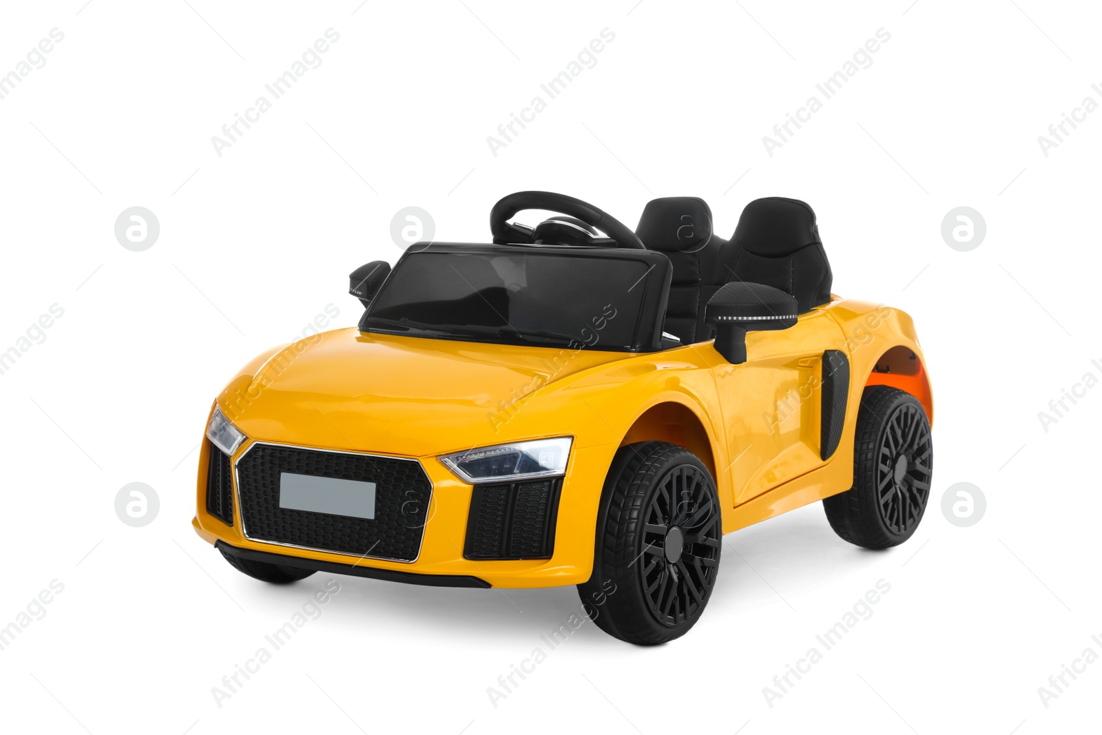 Photo of Yellow car isolated on white. Child's toy