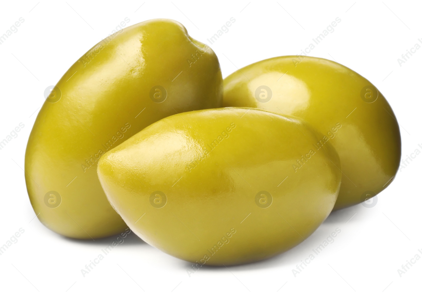 Photo of Three fresh green olives on white background